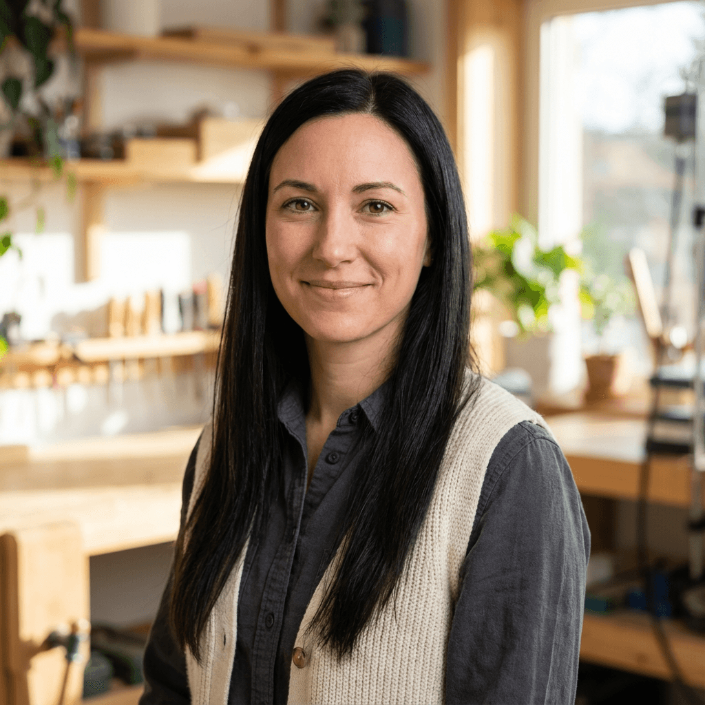Smiling woman with long black hair in a sunlit woodworking studio with tools and plants.