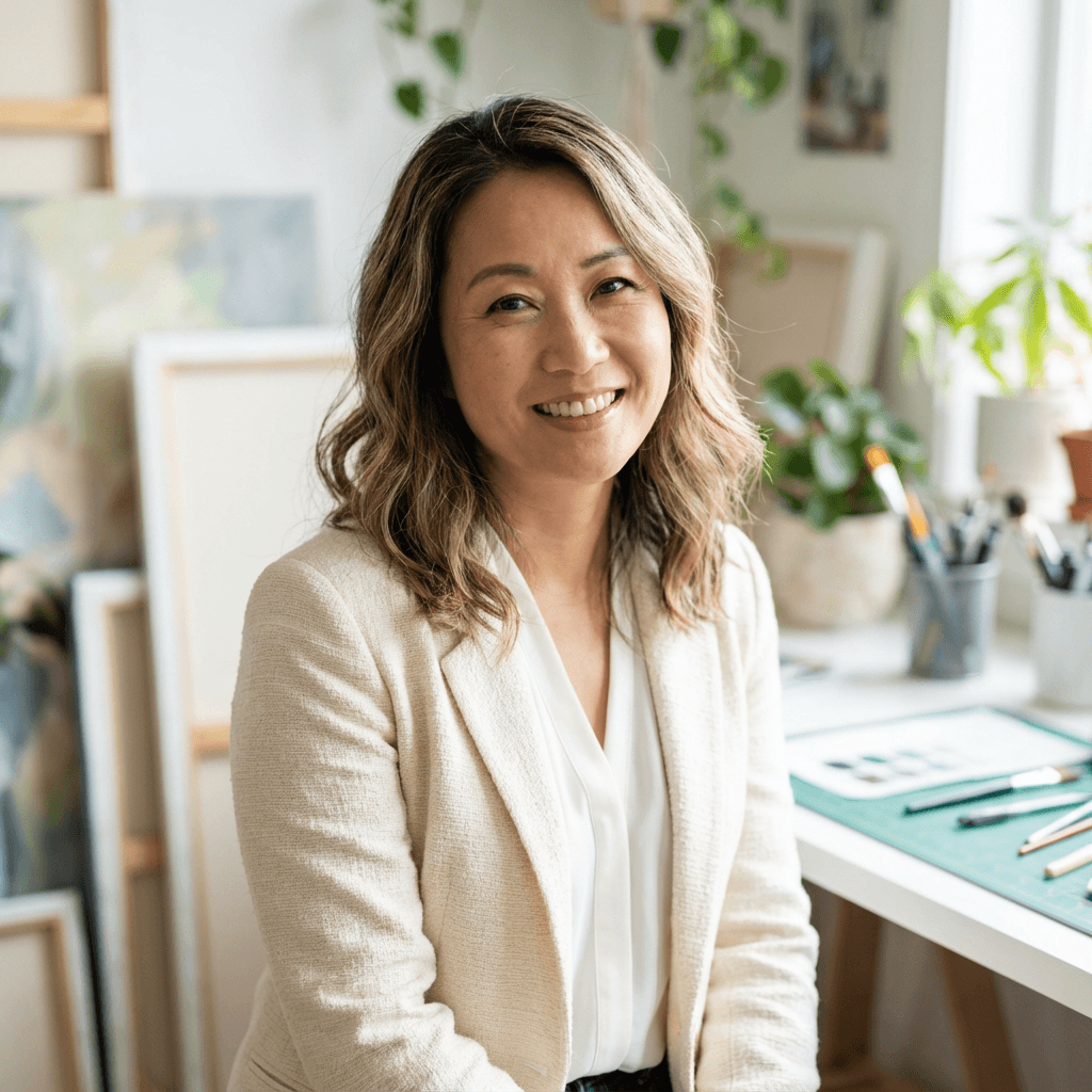 Smiling Asian woman with wavy hair in a cream blazer sitting in an art studio.