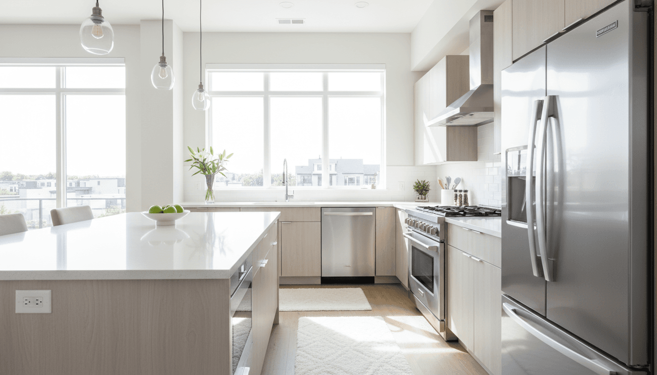 Sparkling kitchen with shiny counters and organized countertops