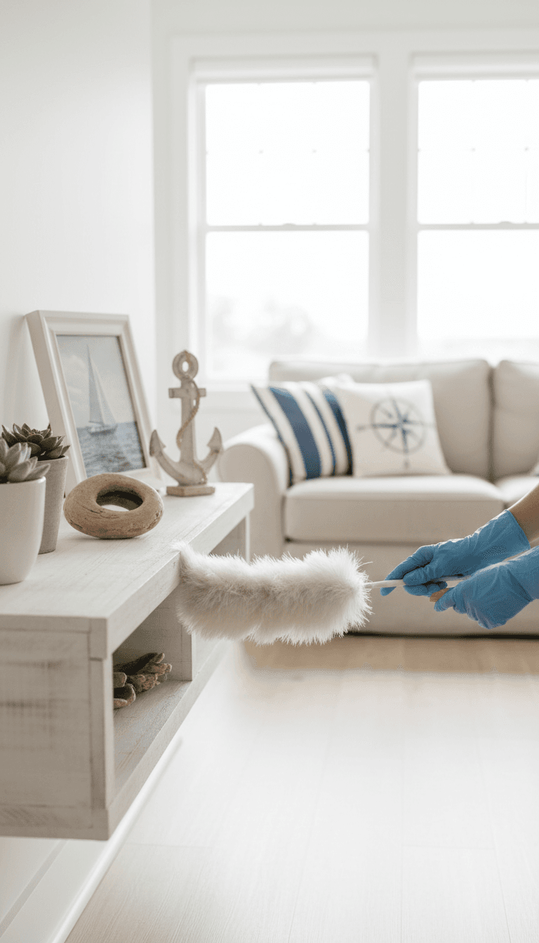 Professional cleaner's hands dusting wooden shelf with decorative items in bright, coastal-style living room with natural light
