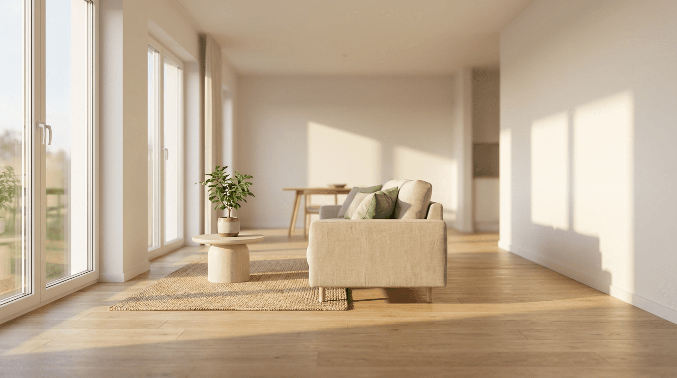 Bright, clean living room with natural light, polished wood floors, and contemporary furnishings creating organized, serene home environment.