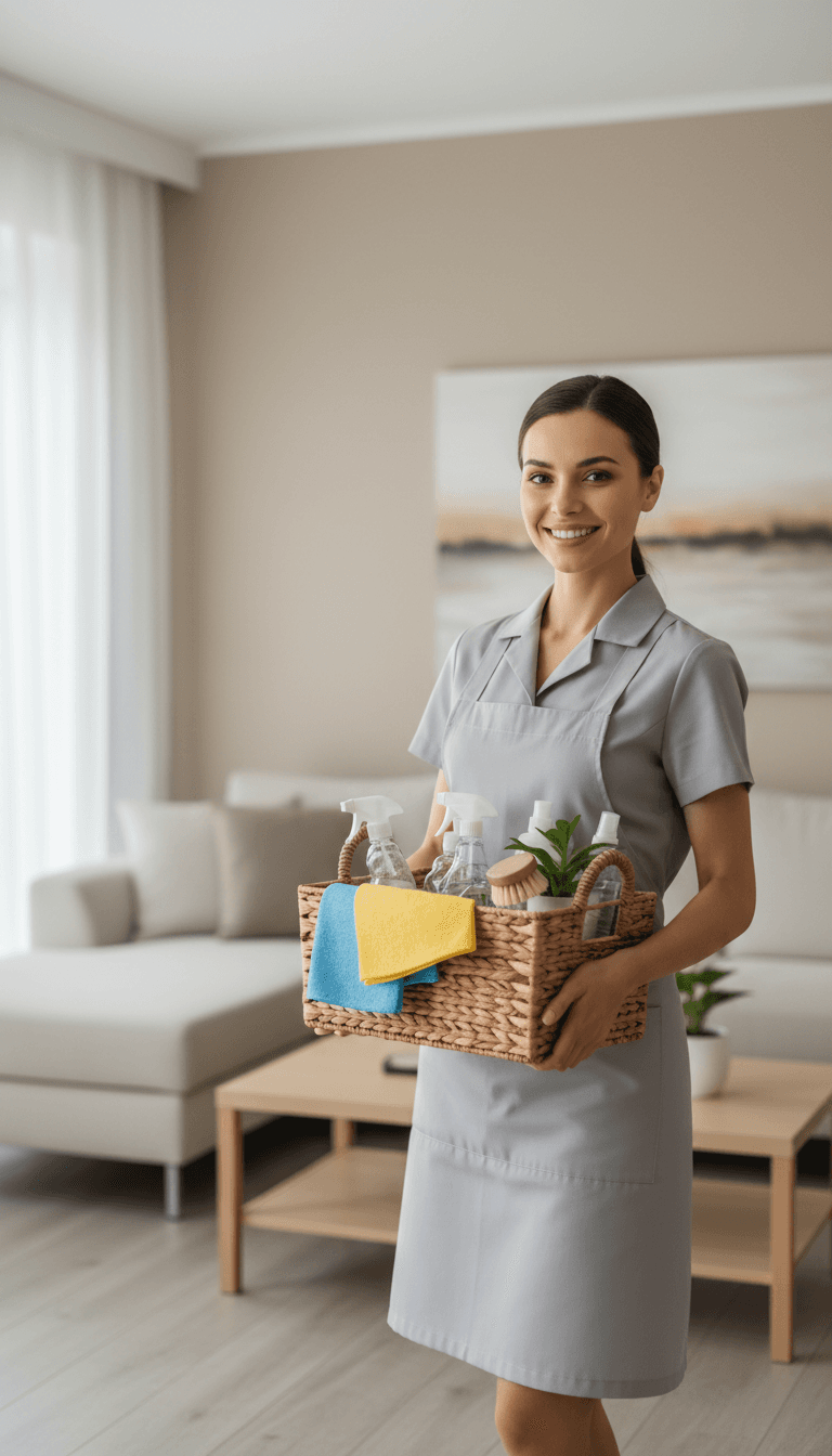Professional female cleaner in uniform holding organized basket of eco-friendly cleaning supplies