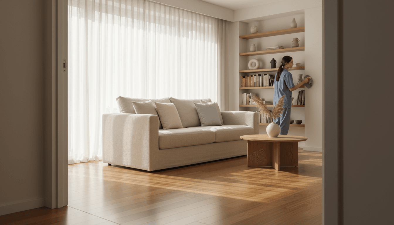 A bright and tidy living room with natural light and fresh air
