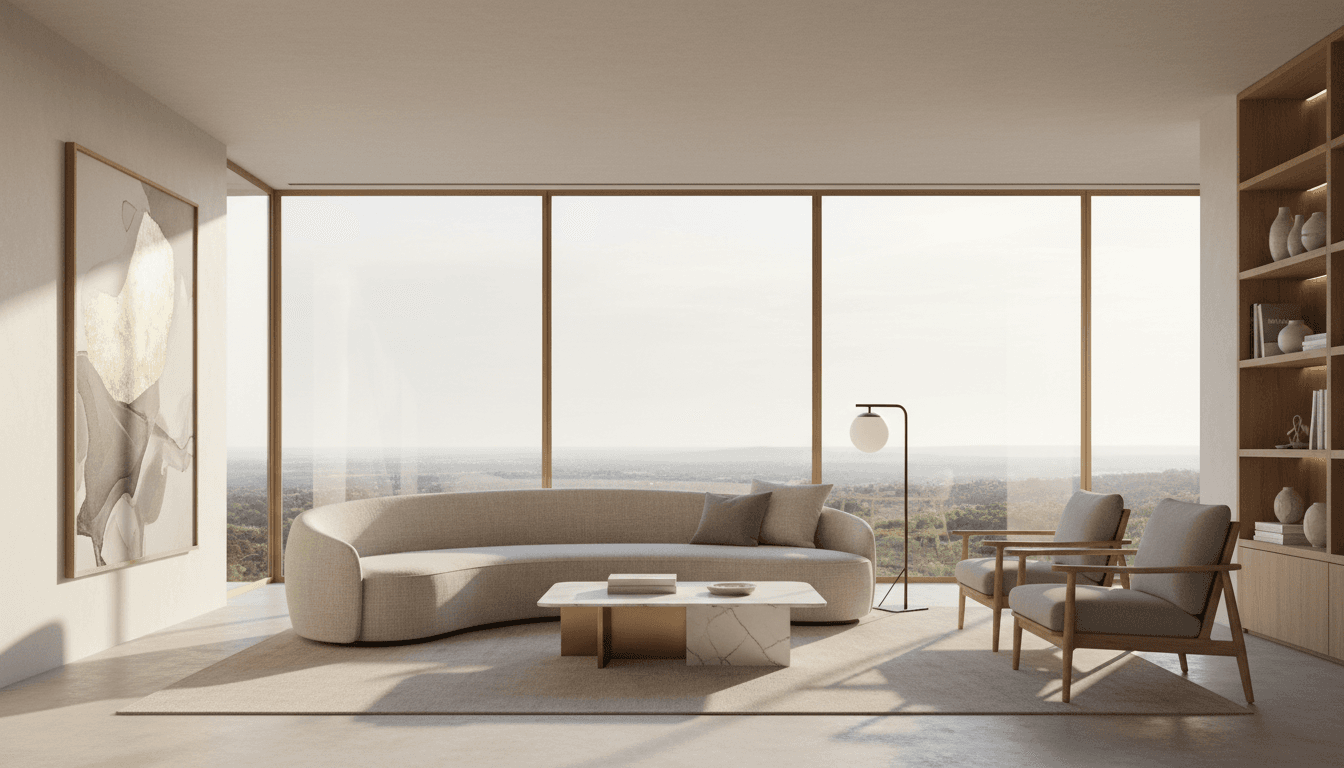 Luxury modern living room with contemporary sofa, marble coffee table, designer accent chairs, and natural light from large windows