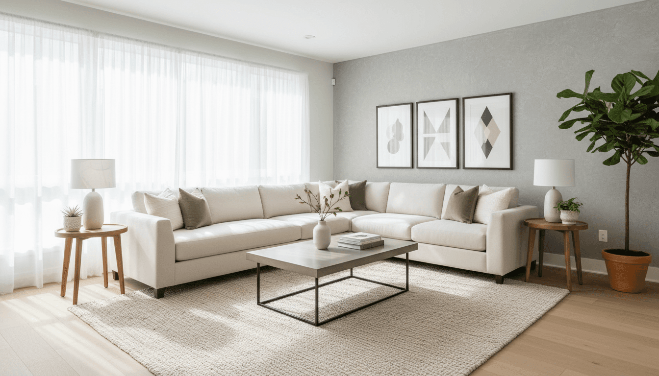 Bright contemporary living room with neutral sectional sofa, coffee table, and plants bathed in natural window light