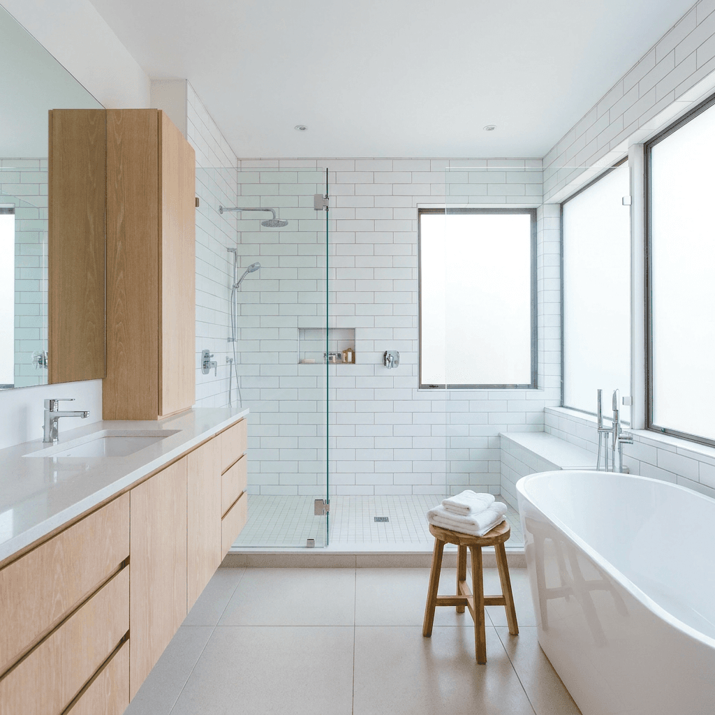 Freshly cleaned bathroom with gleaming fixtures and folded towels
